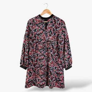 Loft Black Red Berry Print Dress Size S Velvet Trim Keyhole Neck Balloon Sleeve